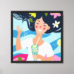 Sommerbild, glückliches Mädchen mit Glas Wasser Leinwanddruck