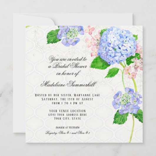 Sommerblaues Hydrangeawatercolor-Brautparty Einladung (Vorderseite)