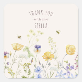 Sommerblicke, Wildblumen, rustikal, Aquarell, Quadratischer Aufkleber