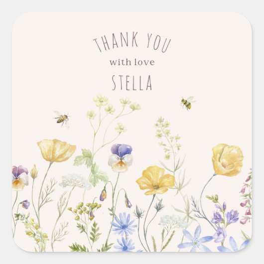 Sommerblicke, Wildblumen, rustikal, Aquarell, Quadratischer Aufkleber (Vorderseite)