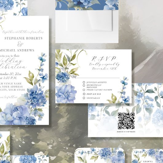 Sommerblumenblau und weiß Elegante Hochzeit RSVP Karte