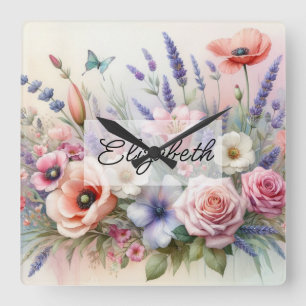 Sommerblumenfarbene Rose Lavendelmohn Quadratische Wanduhr