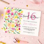 Sommerblumenfarbenes Aquarell Rosa Sweet 16 Foto Einladung<br><div class="desc">Ein zartes,  helles und kühnes und mädchenhaftes romantisches Sweet 16 Geburtstagsfeier,  elegantes und modernes handgemaltes Frühling und Sommerwoche mit wunderschönen Rosen,  grünen und gelben Rosen und Pfingstfarben und einem modernen,  eleganten Drehbuch-Schriftart,  perfekt für elegantes mädchenes Party,  fügen Sie Ihr 3 Foto auf der Rückseite</div>