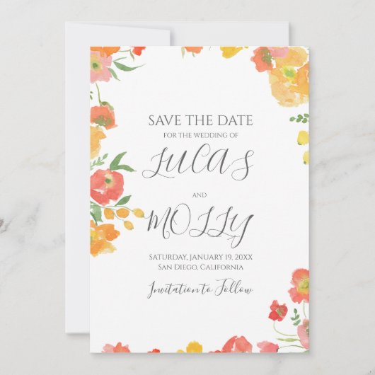 Sommerblumenhochzeit in Rosa und Orange Save The Date (Vorderseite)