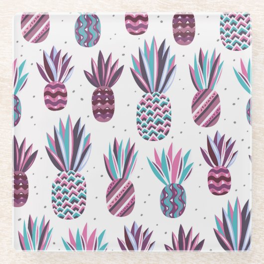 Sommercamps: Ananas Muster, farbenfrohe Punkte Glasuntersetzer (Vorderseite)