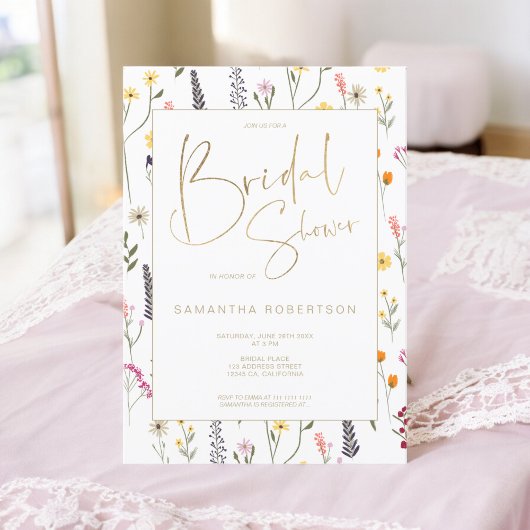 Sommerchic Wild Blume Gold-Script-Brautparty Einladung