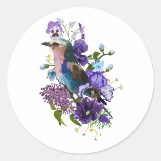 Sommerdesign mit Vogel- und violetten Blume. Runder Aufkleber