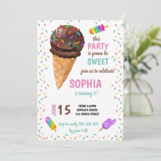 Sommereis Creme Sprinkles Buntes Mädchen Geburtsta Einladung (Stehend Vorderseite)