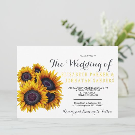 Sommerelegante gelbe Sonnenblumen Hochzeit Einladung (Stehend Vorderseite)