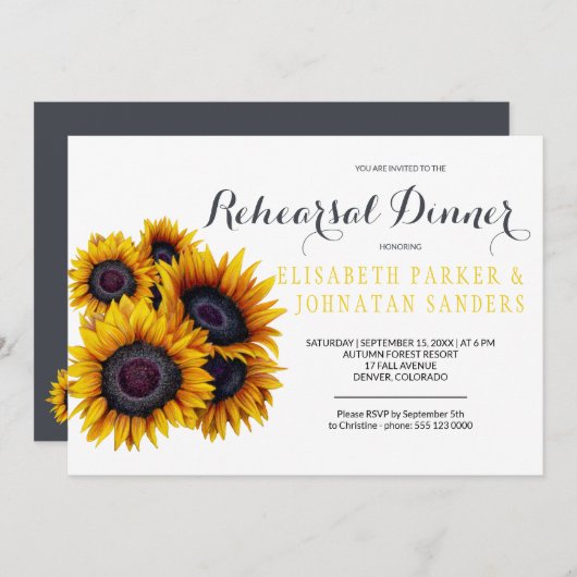 Sommerelegante Gelbe Sonnenblumen Probe Abendessen Einladung (Vorne/Hinten)
