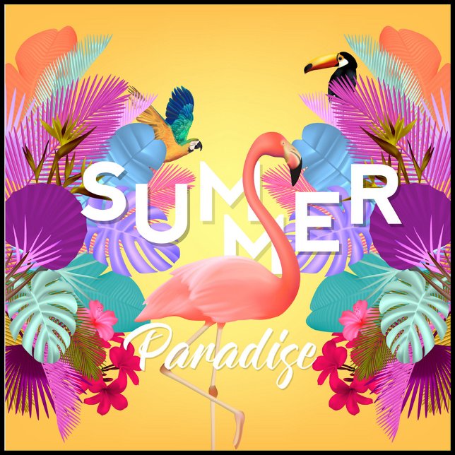 Sommerfarben Kissen (A vibrant summer-themed graphic design features a flamingo as the central element.)