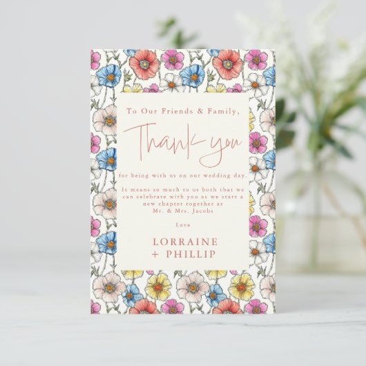 Sommerfarbenfrohe wilde Blume Muster Hochzeit Dankeskarte (Stehend Vorderseite)