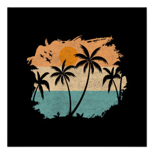 Sommerferien Retro Sonnenuntergang Strand Palmen B Poster