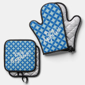 Sommerfliese mit Azurkeln auf Babyblau Ofenhandschuh & Topflappen-Set (Vorderseite/Rückseite)