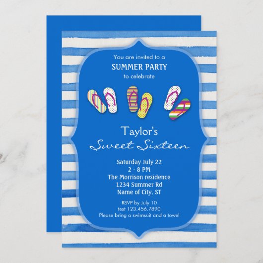 Sommerflip Flops 16 . Geburtstag Einladung (Vorne/Hinten)