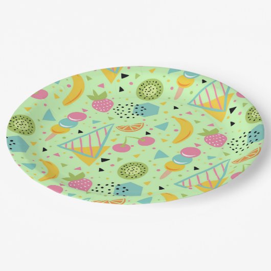 Sommerfrüchte und geometrische Formen Pappteller (Schrägansicht)