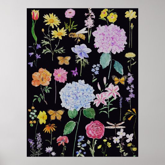 Sommergarten Blume schwarz Hintergrund Poster (Vorne)