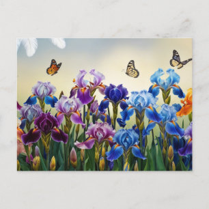 Sommergarten mit Iris-Blume und Schmetterlingen Postkarte