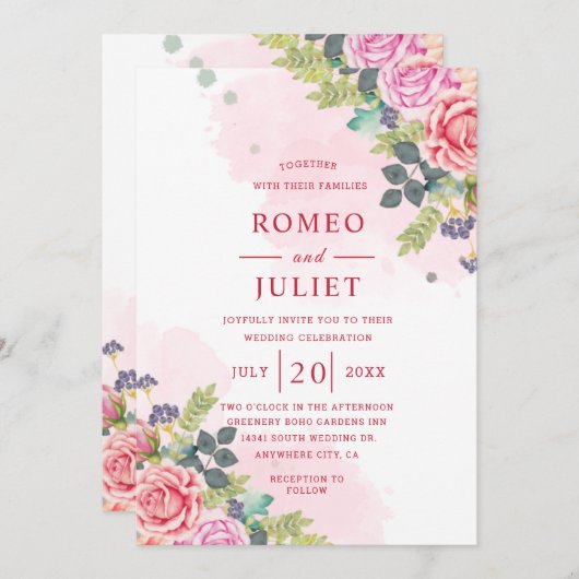 Sommergarten Wasserfarbenflora Einladung zur Hochz (Vorne/Hinten)