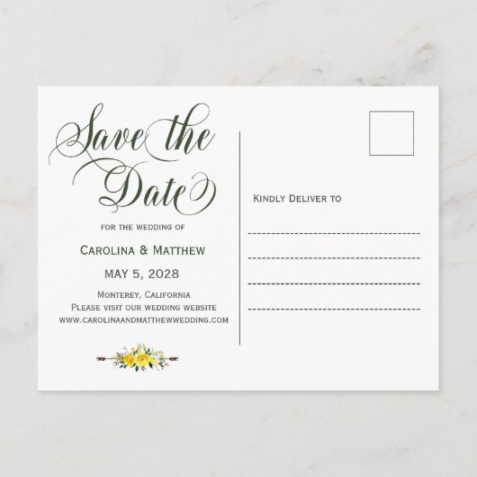 Sommergelbe Blumenhochzeit retten das Datum Ankündigungspostkarte (Rückseite)