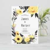 Sommergelbe dunkelgraue, blühende Hochzeit Einladung (Stehend Vorderseite)
