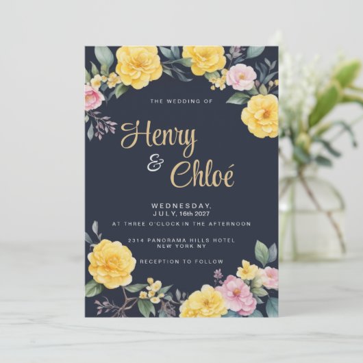 Sommergelbe Rosa-Minze-Blaupöne Hochzeit Einladung (Stehend Vorderseite)