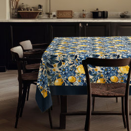 Sommergelbe Zitronen aus dem Mittelmeer, blau Tischdecke