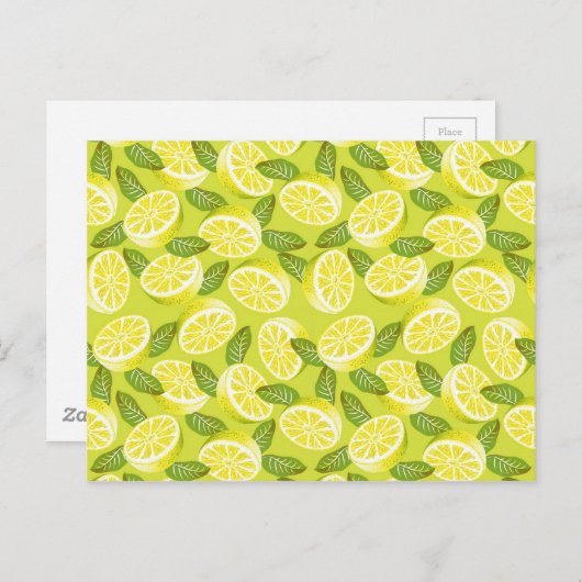 Sommergelbe Zitronenscheiben und Blätter auf Gelb Postkarte (Vorne/Hinten)