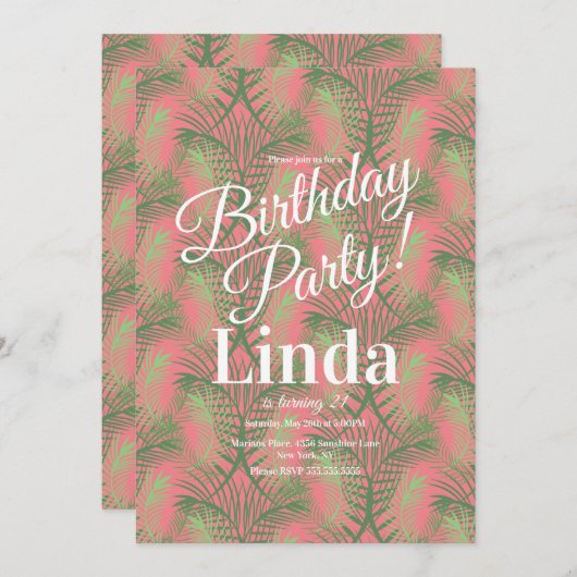 Sommergepflegtes Palmenblätterpink Einladung (Vorne/Hinten)
