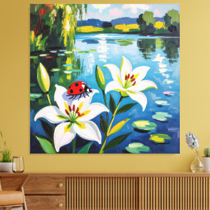 „Sommerglück am See – Marienkäfer auf Lilien“ Leinwanddruck