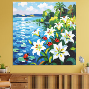 „Sommerglück am See – Marienkäfer auf Lilien“ Leinwanddruck