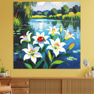 „Sommerglück am See – Marienkäfer auf Lilien“ Leinwanddruck