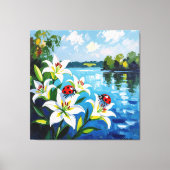 „Sommerglück am See – Marienkäfer auf Lilien“ Leinwanddruck (Vorderseite)