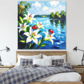 „Sommerglück am See – Marienkäfer auf Lilien“ Leinwanddruck (Insitu (Schlafzimmer))