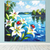 „Sommerglück am See – Marienkäfer auf Lilien“ Leinwanddruck (Insitu (Holzboden))