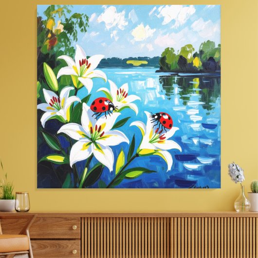 „Sommerglück am See – Marienkäfer auf Lilien“ Leinwanddruck (Insitu (Wohnzimmer))
