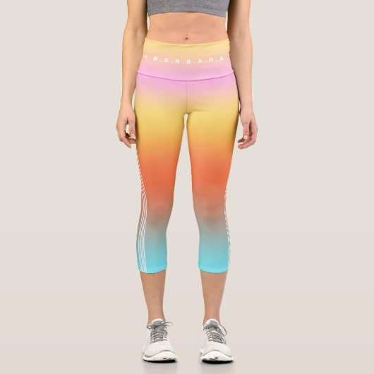 Sommerglühende blaue Orangenfarben Streifen Capri Leggings (Vorderseite)