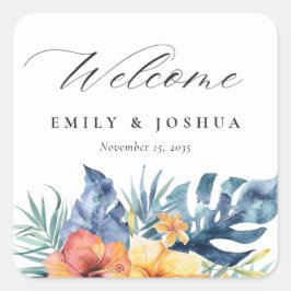 Sommerheirat mit tropischer Flora Quadratischer Aufkleber