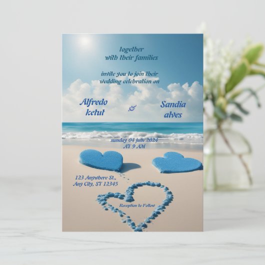 Sommerherzen Strand Blau Hochzeit Einladung (Stehend Vorderseite)