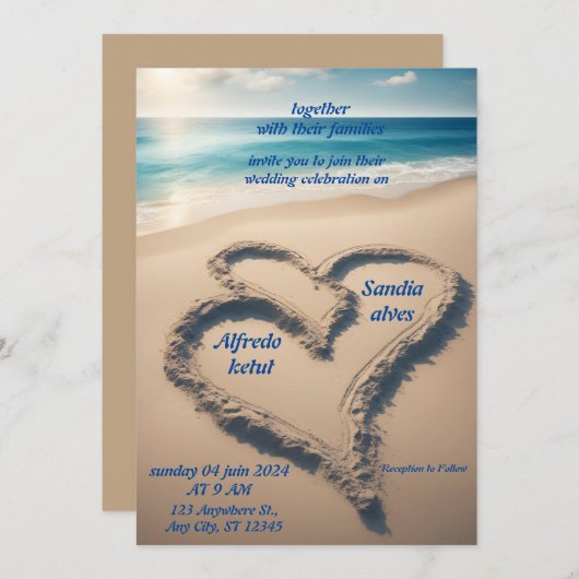 Sommerherzen Strand Blau Hochzeit Einladung (Vorne/Hinten)