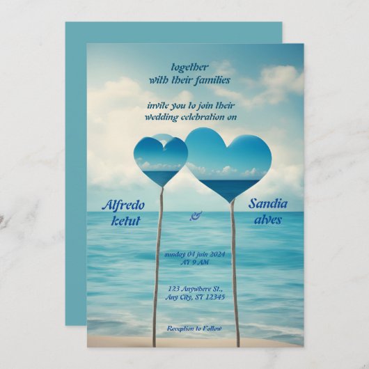 Sommerherzen Strand Blau Hochzeit Einladung (Vorne/Hinten)