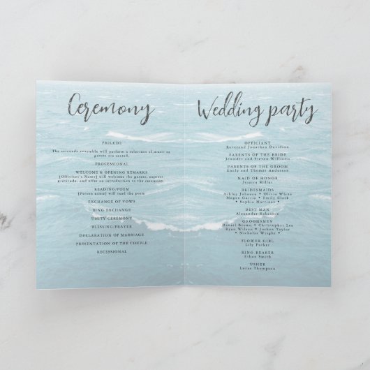 Sommerhochzeit am Ozean des blauen Meerwassers Programm (Innenseite)