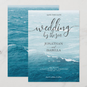 Sommerhochzeit am Ozean des blauen Meerwassers Save The Date