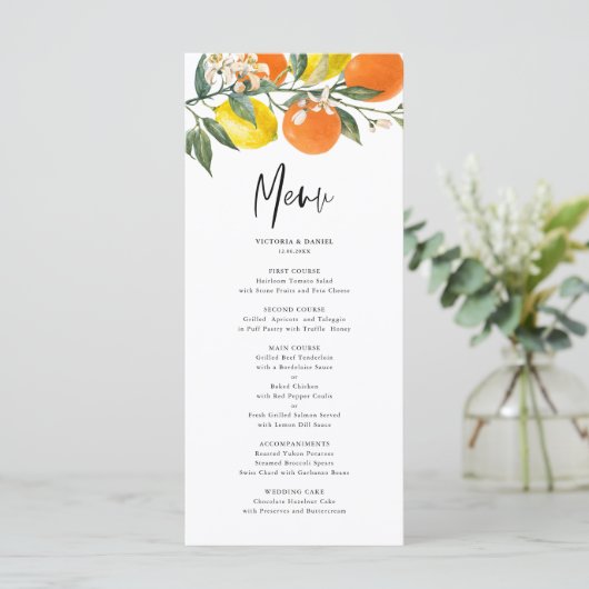 Sommerhochzeit mit botanischen Zitronen und Orange Menükarte (Stehend Vorderseite)