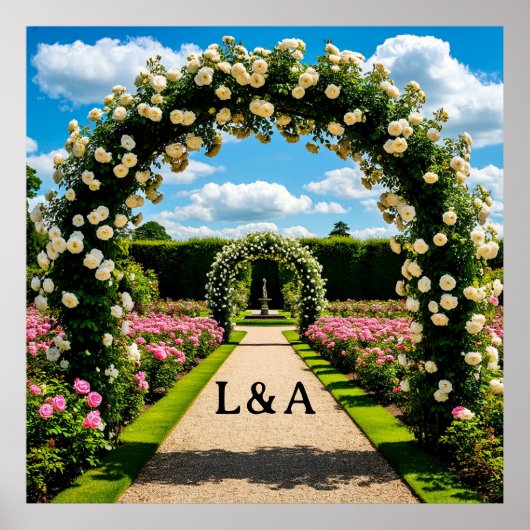 Sommerhochzeit Rosenbogen-Gartenszene Poster (Vorne)