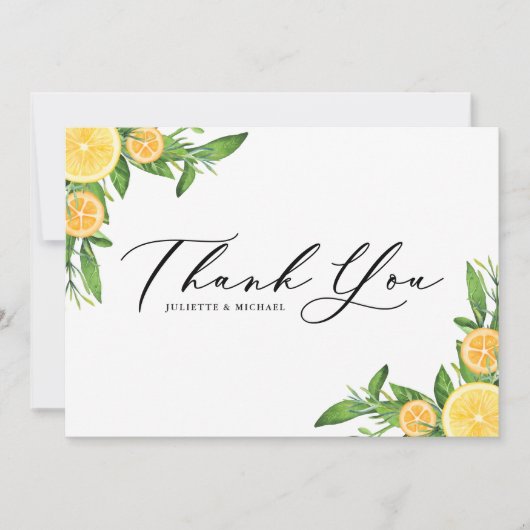 Sommerhochzeit von Wasserfarben-Orangen und Zitron Dankeskarte (Vorderseite)