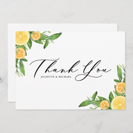 Sommerhochzeit von Wasserfarben-Orangen und Zitron Dankeskarte (Vorne/Hinten)