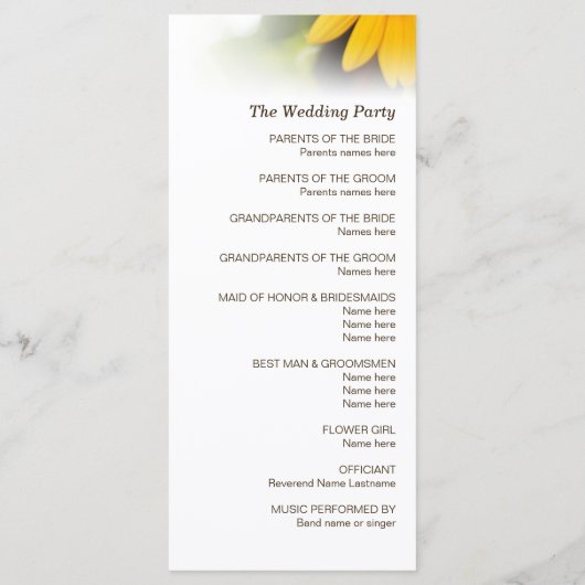 Sommerhochzeitprogramm für Sonnenblumen Rackkarten Programm (Rückseite)
