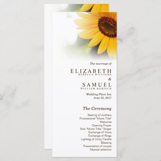 Sommerhochzeitprogramm für Sonnenblumen Rackkarten Programm (Vorne/Hinten)