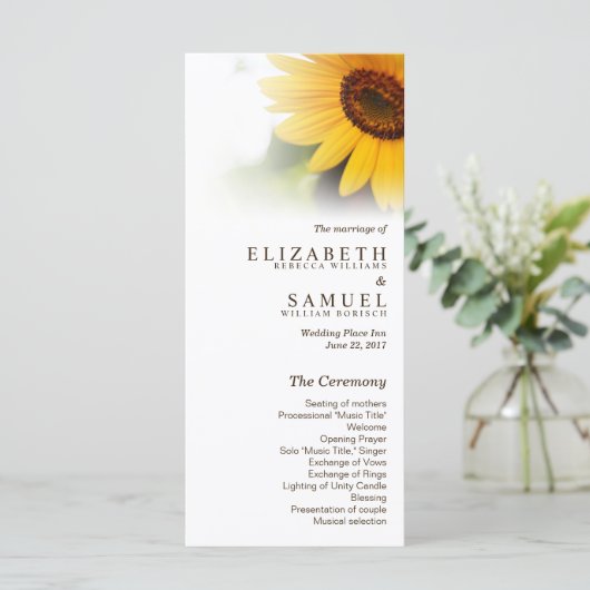 Sommerhochzeitprogramm für Sonnenblumen Rackkarten Programm (Stehend Vorderseite)